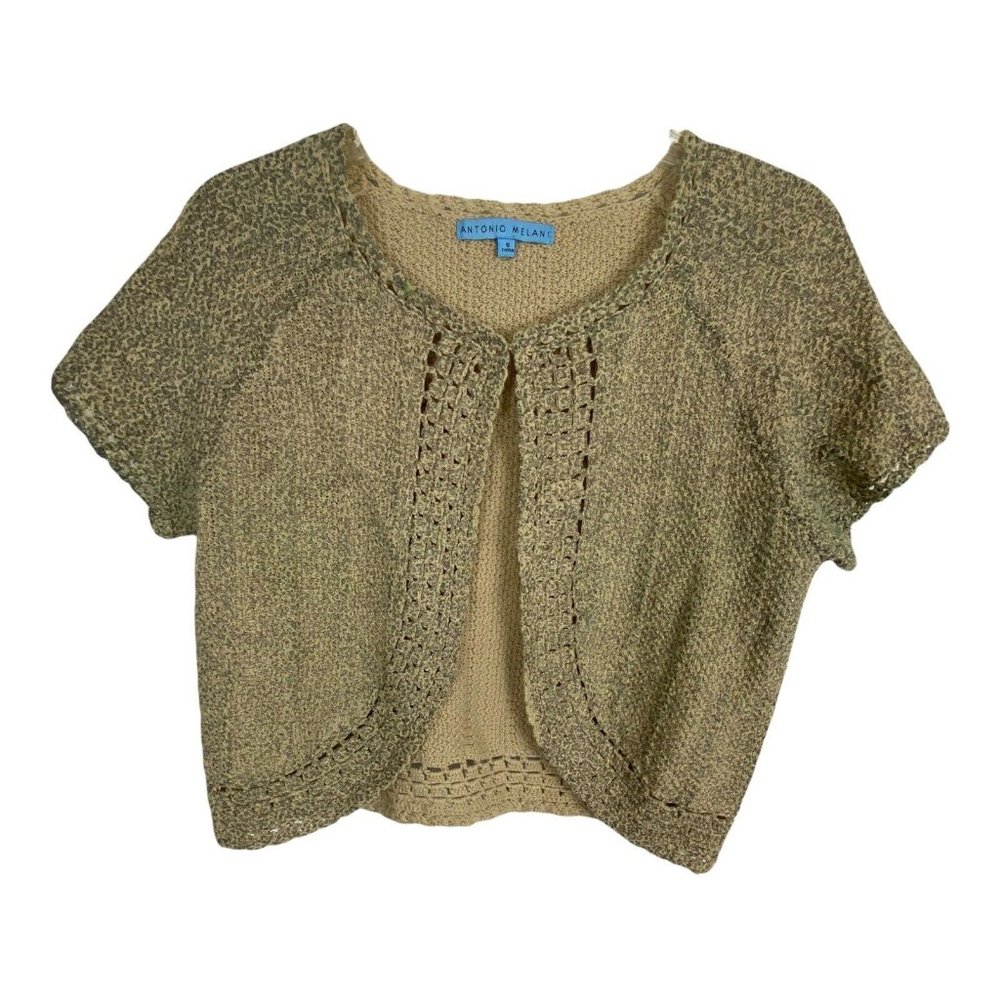Antonio Melani Womens Sweater Size S Small Tan Metallic Short Sleeve Shawl Open